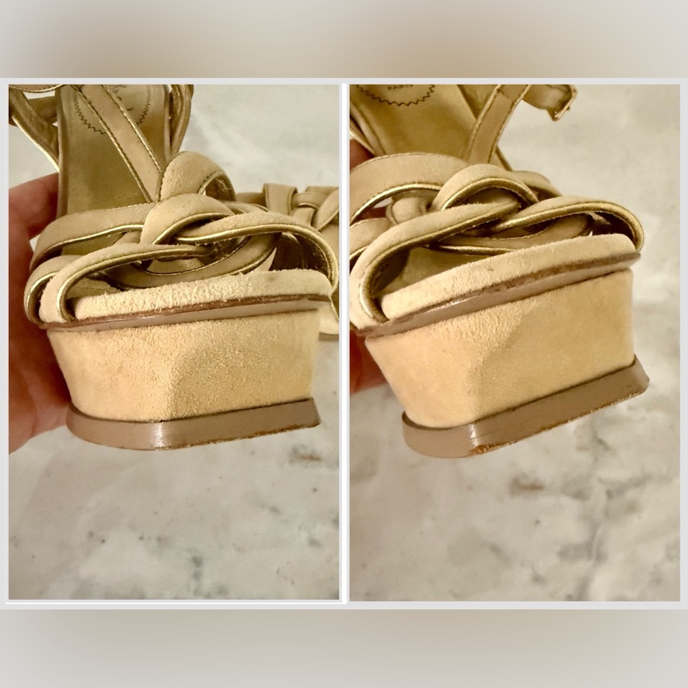 Yves Saint Laurent YSL Tribute Beige Tan Suede Gold Trim Platform Heels 37.5 - Picture 15 of 16
